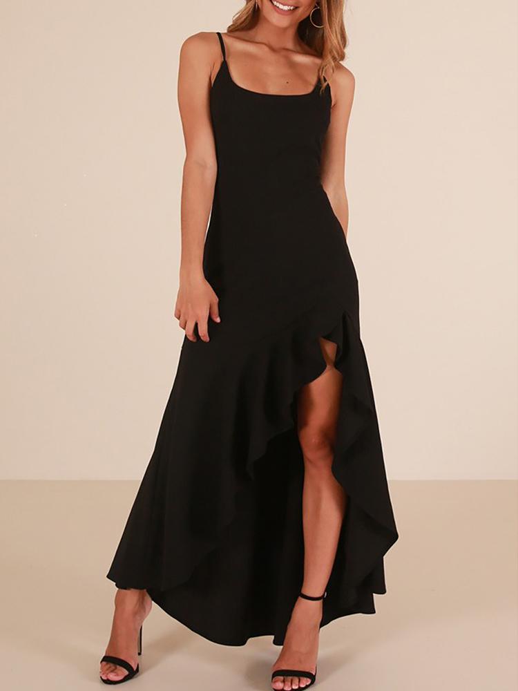 

Solid Spaghetti Strap Ruffles Irregular Dress, Black