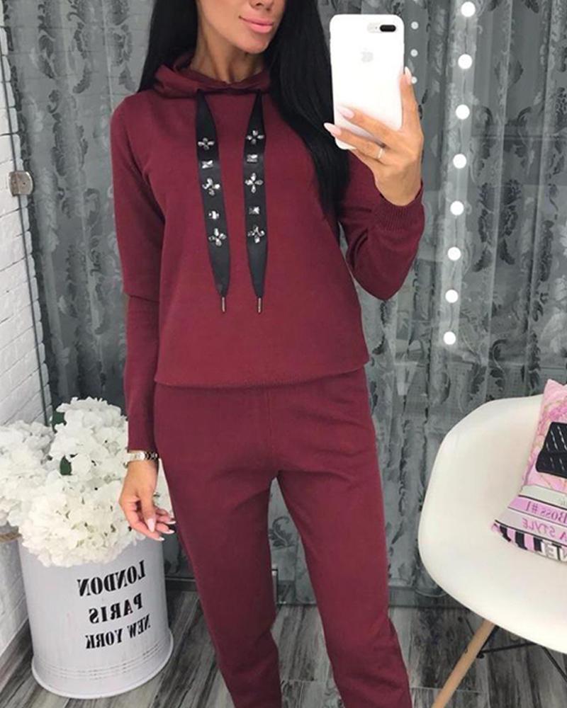

Solid Embellished Drawstring Tracksuit, Wine red