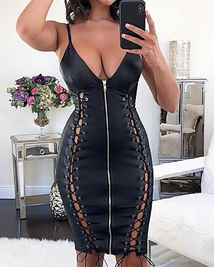 

Spaghetti Strap Zipper Front Lace-up Midi Dress, Black