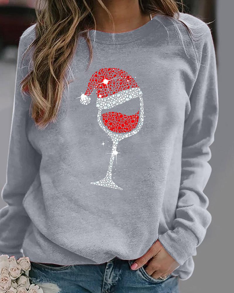 

Christmas Print Sequins Long Sleeve Sweatshirt, Gray