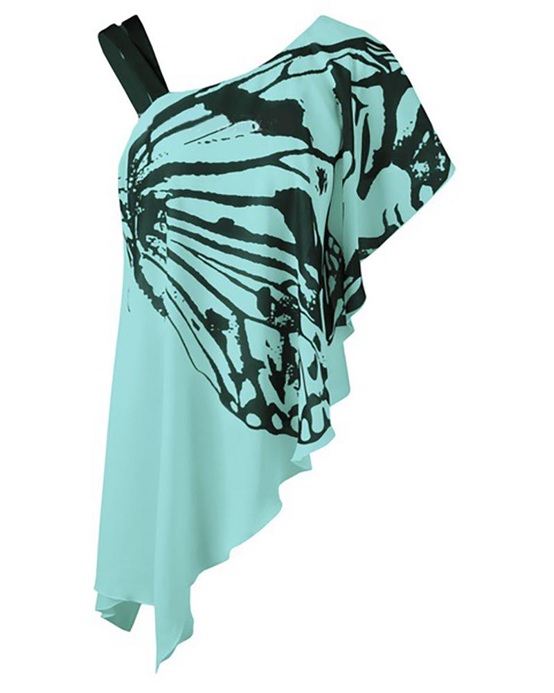 

Butterfly Print One Shoulder Irregular Ruffles T-shirt, Green