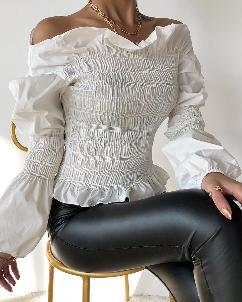 

Off Shoulder Shirring Ruffles Hem Top, White
