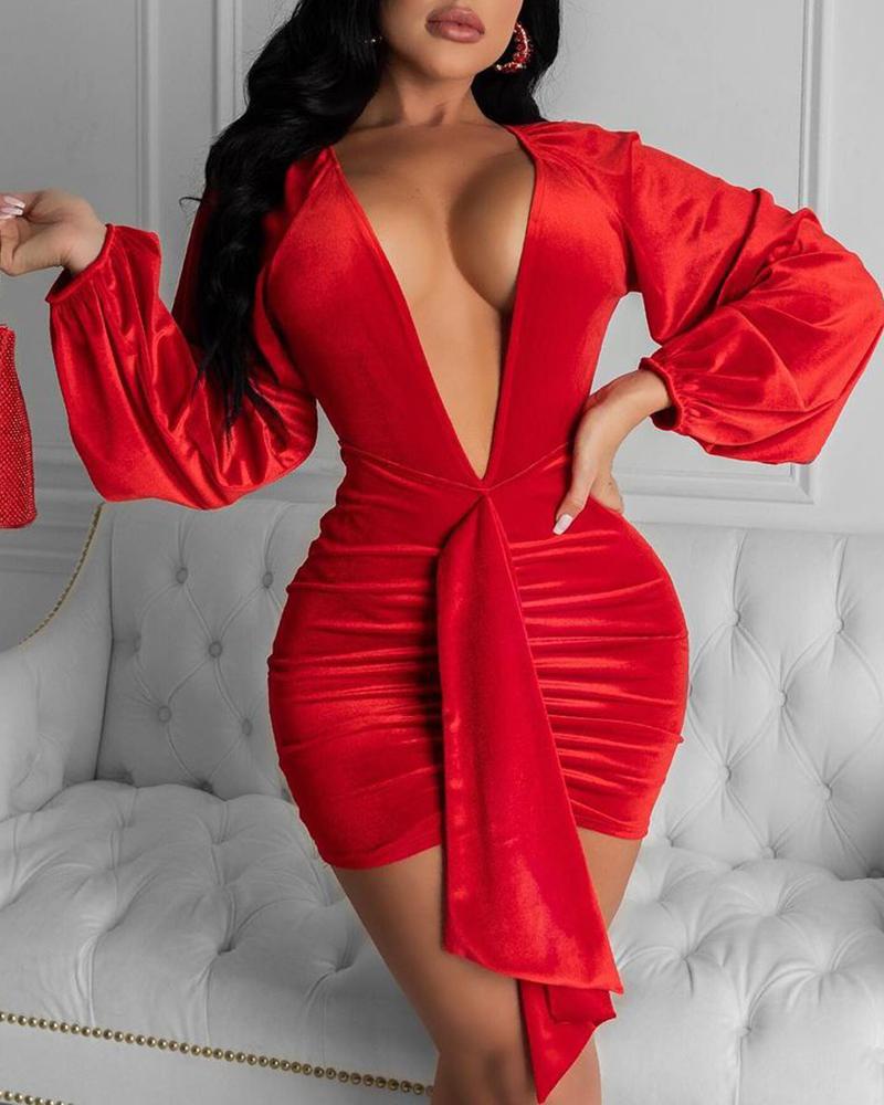 

Lantern Sleeve Ruched Bodycon Dress, Red