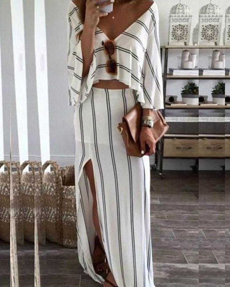 

Women Sexy V Neck Striped Side Split Set, White