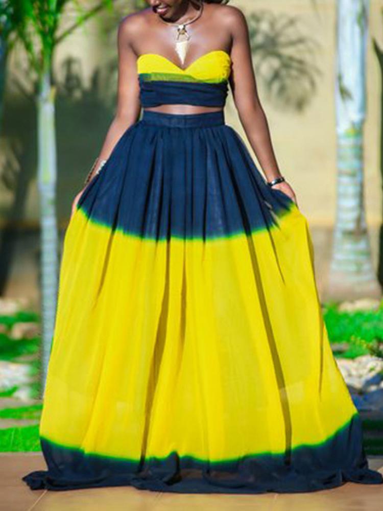 

Tie Dye Print Tube Top & Maxi Skirt Set, Yellow