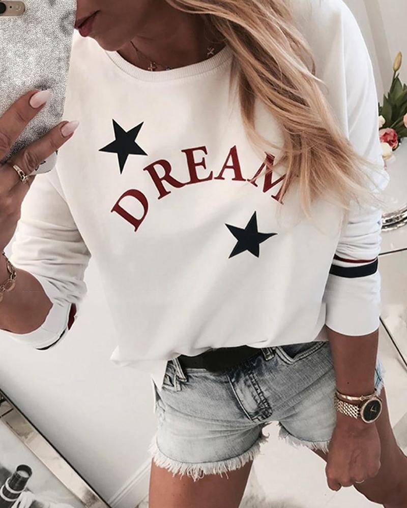 

Star Letter Print Round Neck Casual Sweatshirt, White