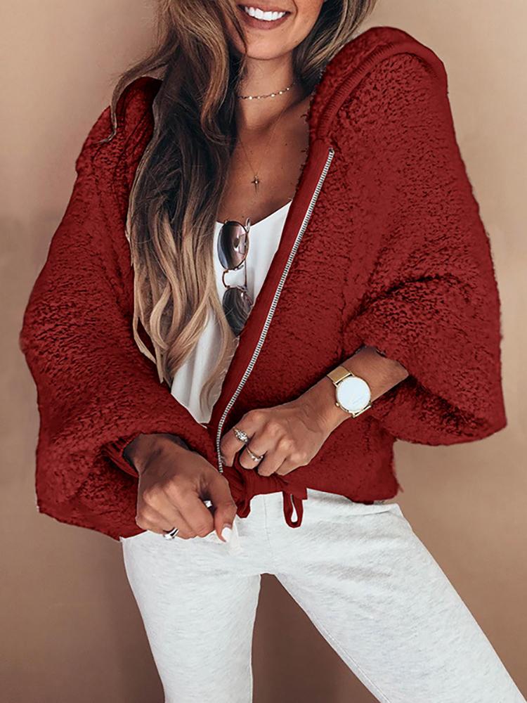 

Fluffy Zipper Up Lantern Sleeve Hooded Coat