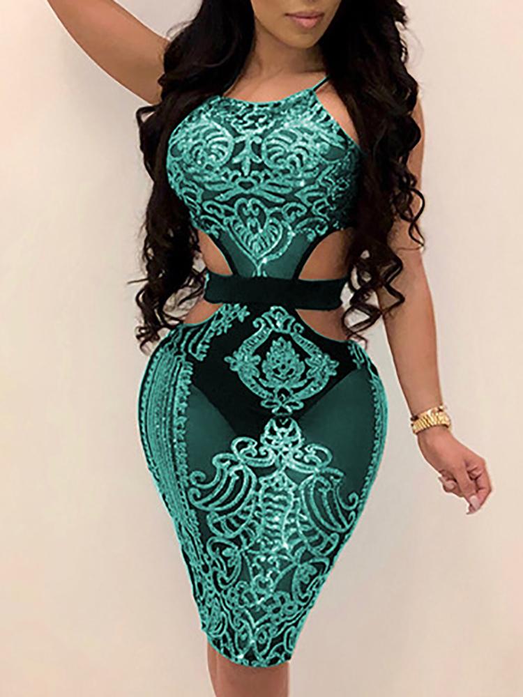 

Sequins Cut Out Halter Bodycon Dress, Green