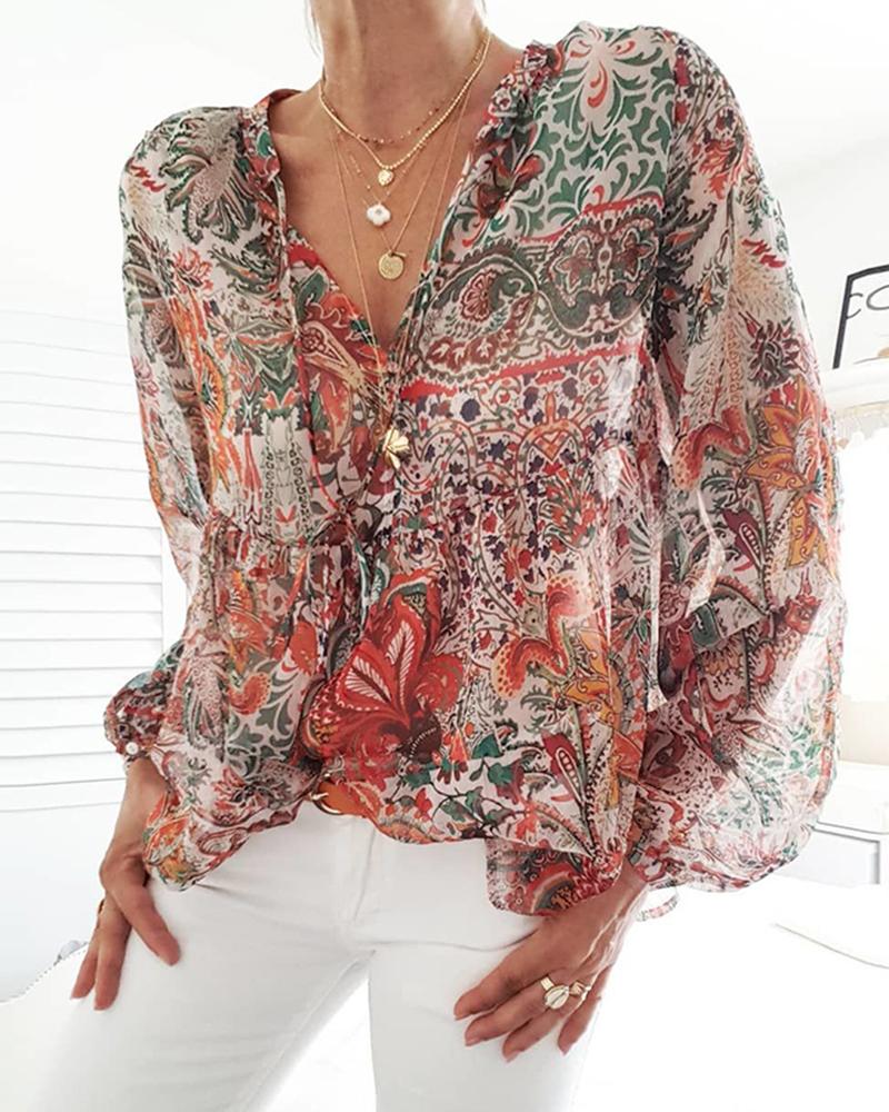 

V Neck Long Sleeve Print Blouse
