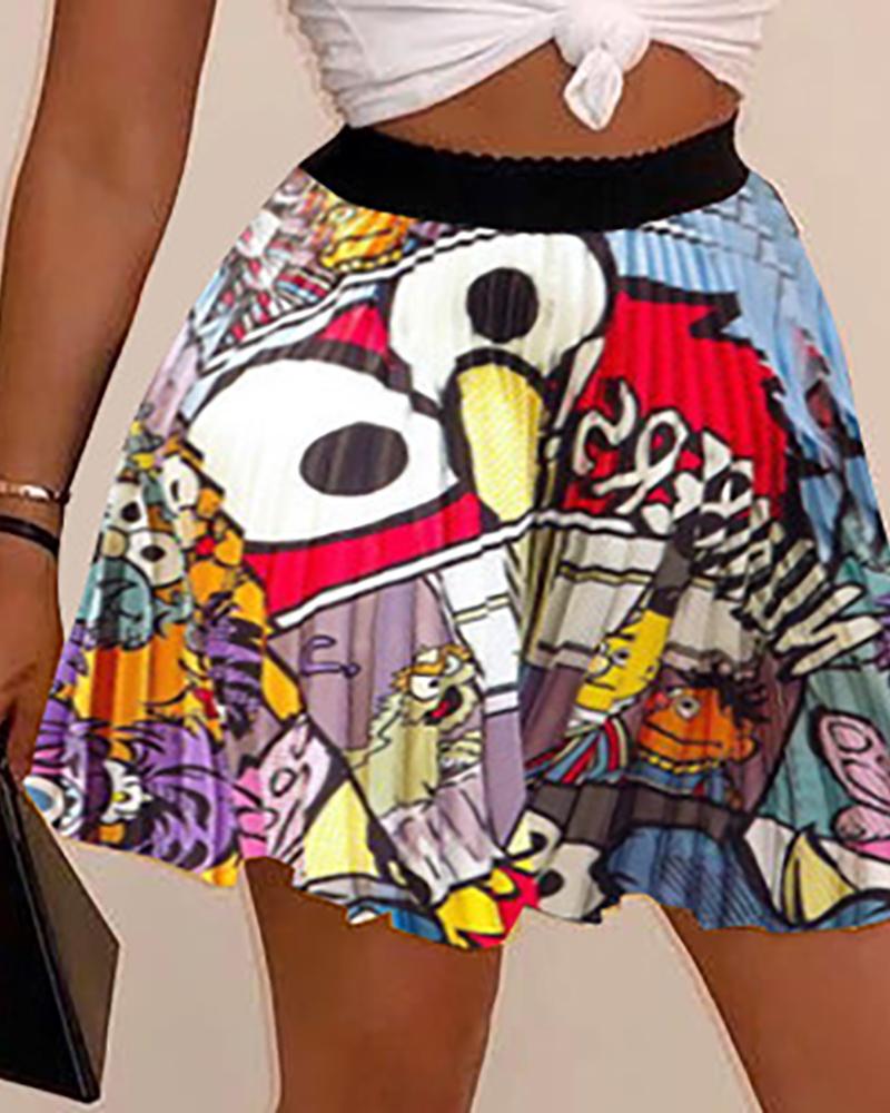 

Cartoon Printed Pleated Mini Skirt, White