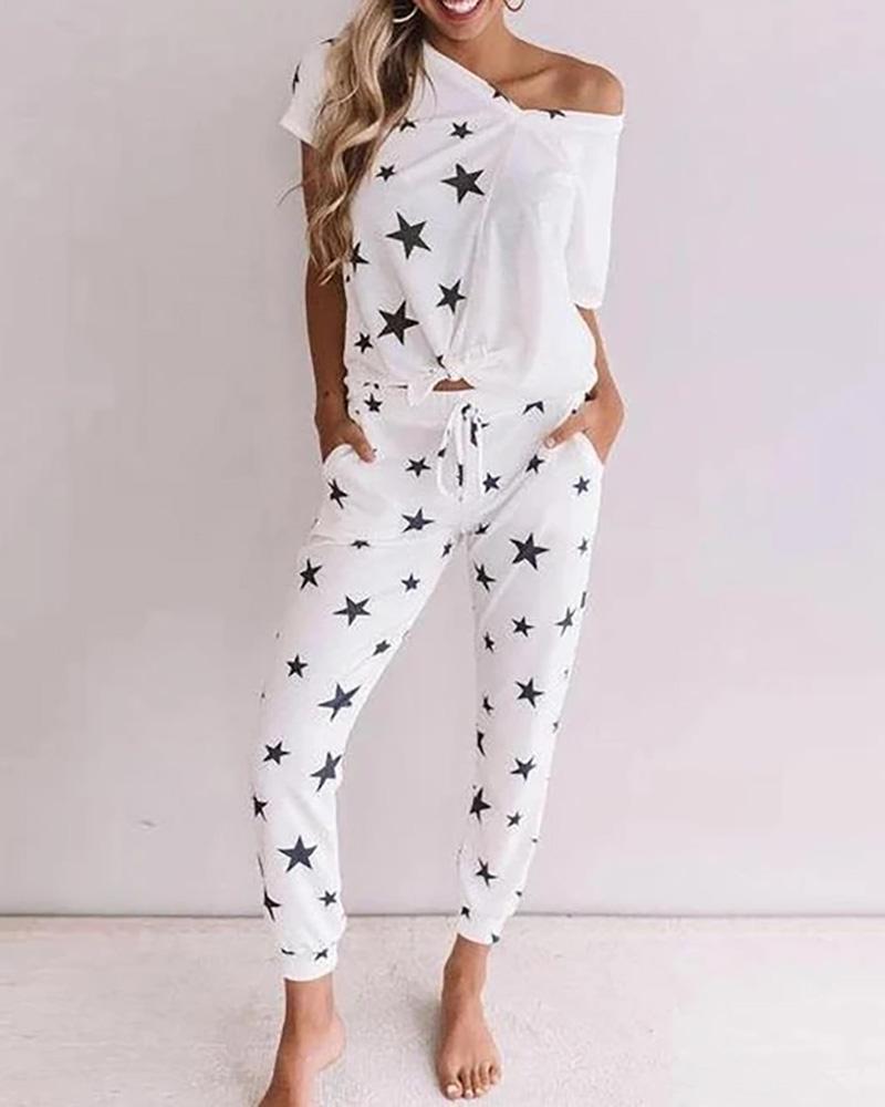 

Star Print V-neck Casual Top & Pant Set, White