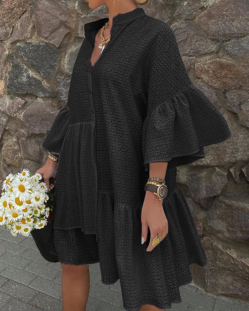 

Eyelet Hollow Out Bell Sleeve Ruffles Dress, Black