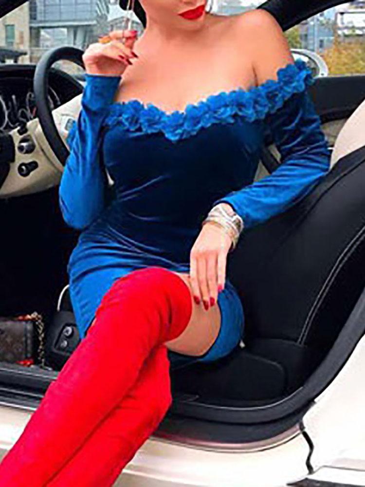 

Velvet Off Shoulder Floral Embellished Bodycon Dress, Blue