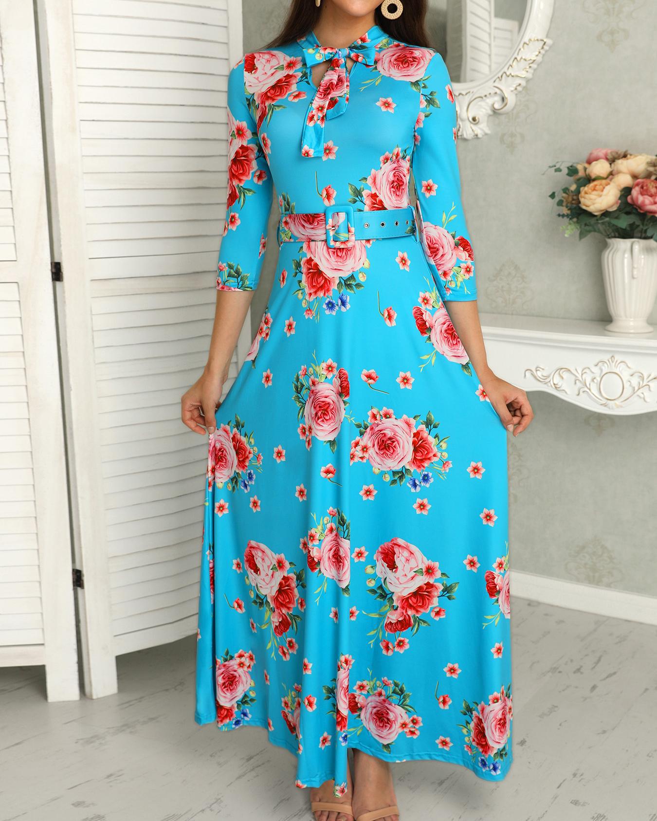 

Floral Print Tied Neck Belted Maxi Dress, Turquoise blue