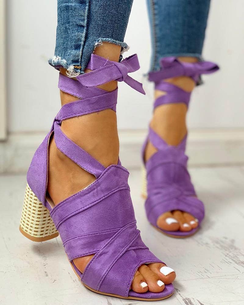 

Bandage Lace-up Peep Toe Chunky Heeled Sandals, Purple