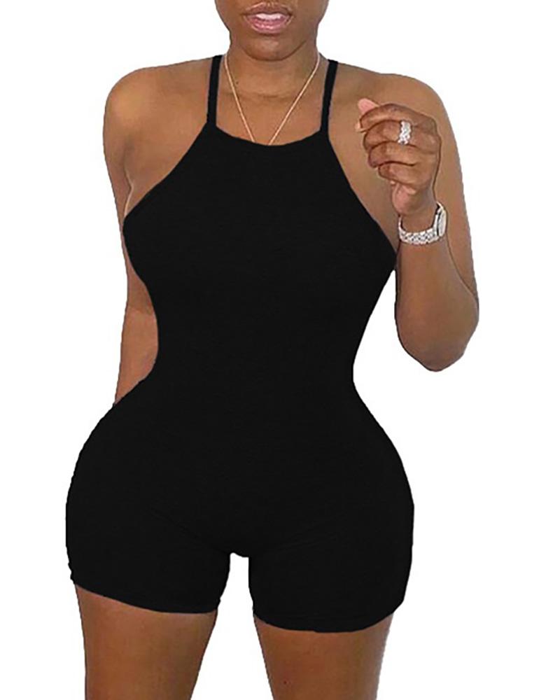 

Sleeveless Open Back Romper, Black