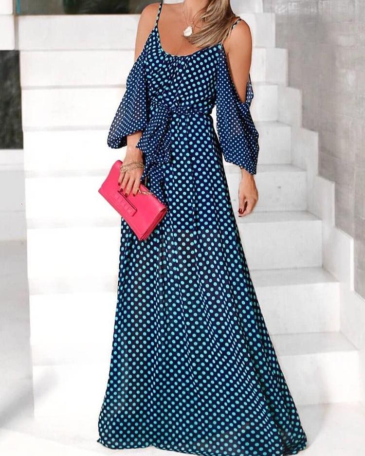 

Cold Shoulder Dots Print Maxi Dress, Blue