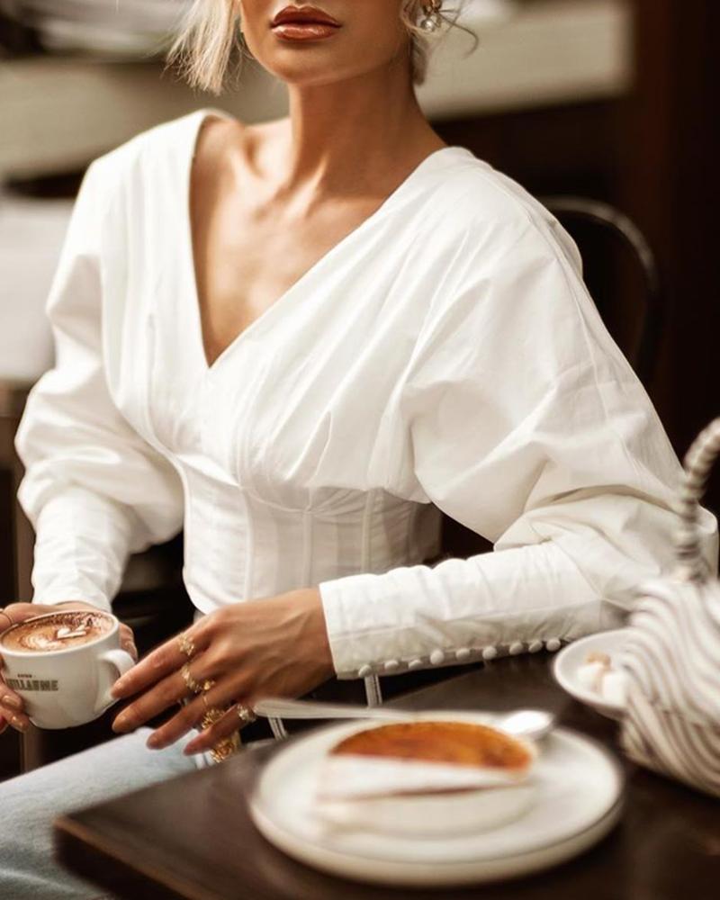 

Solid V-Neck Tight Waist Blouse, White