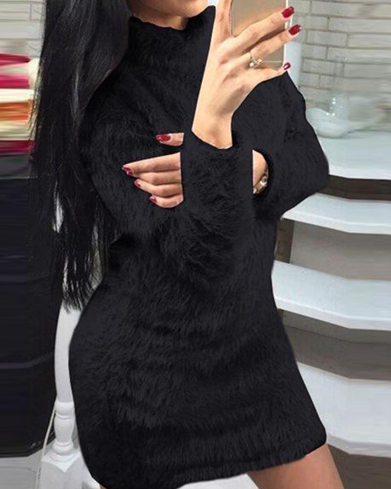 

Fold Over Collar Long Sleeve Dresses Autumn Winter Sweater Warp Dresses, Black
