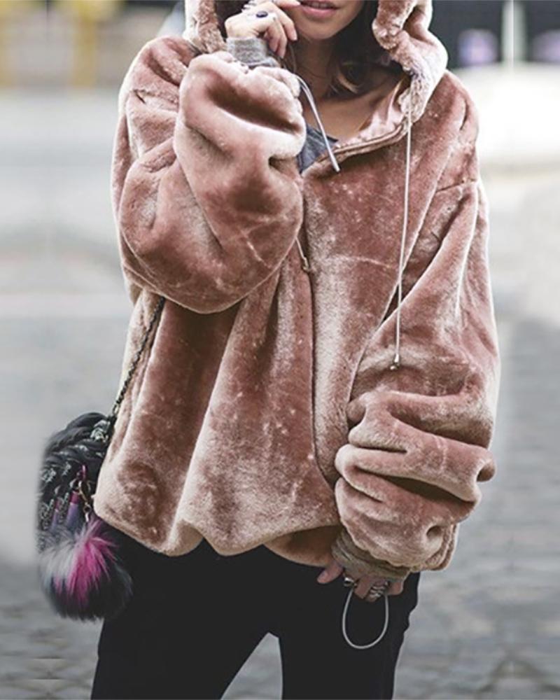 

Solid Hooded Drawstring Fluffy Sweatshirt