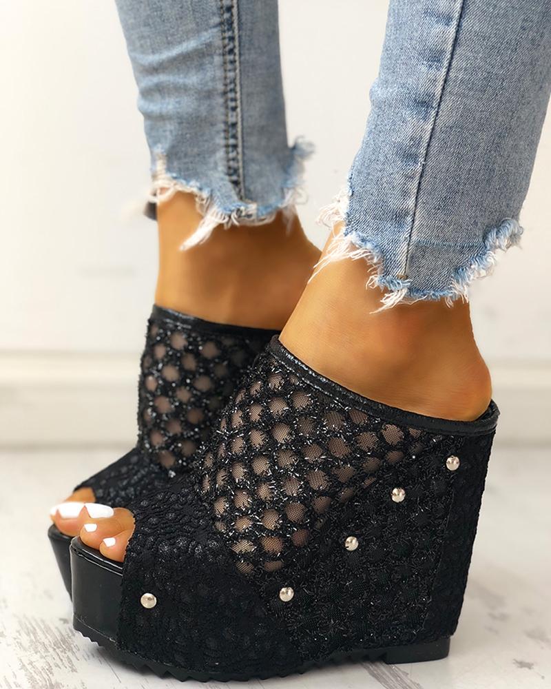 

Mesh Hollow Out Platform Wedge Sandals, Black