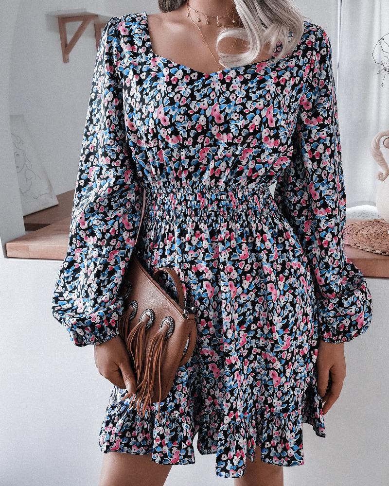 

All Over Print Lantern Sleeve Dress, Blue