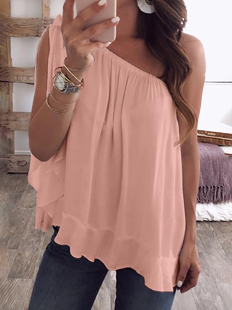 

One Shoulder Tied Ruffles Hem Loose Blouse, Pink