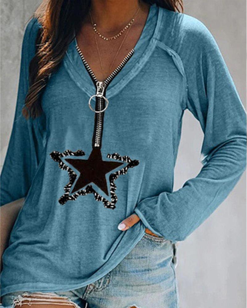 

Star Print Long Sleeve Splicing Zipper Blouse, Blue