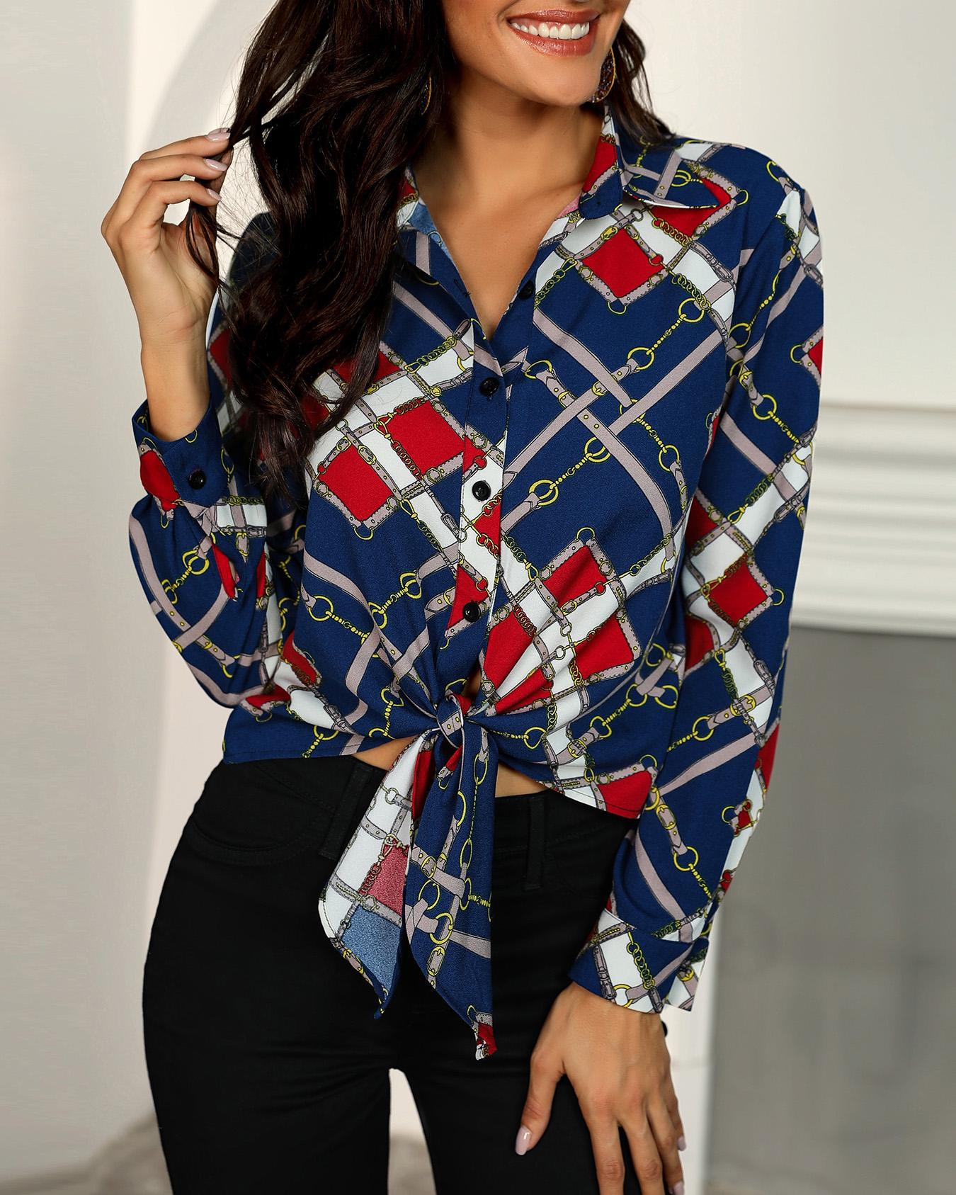 

Chain Print Knot Front Blouse, Multicolor