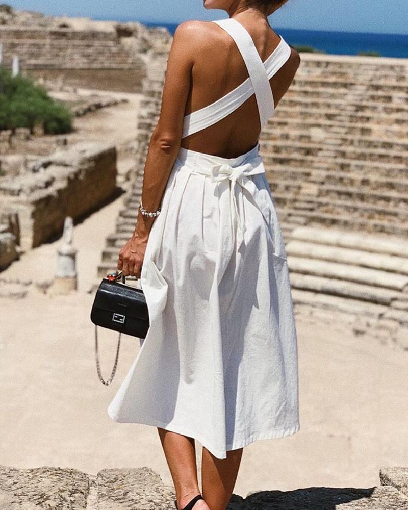 

Crisscross Back Tie Waist Casual Dress, White