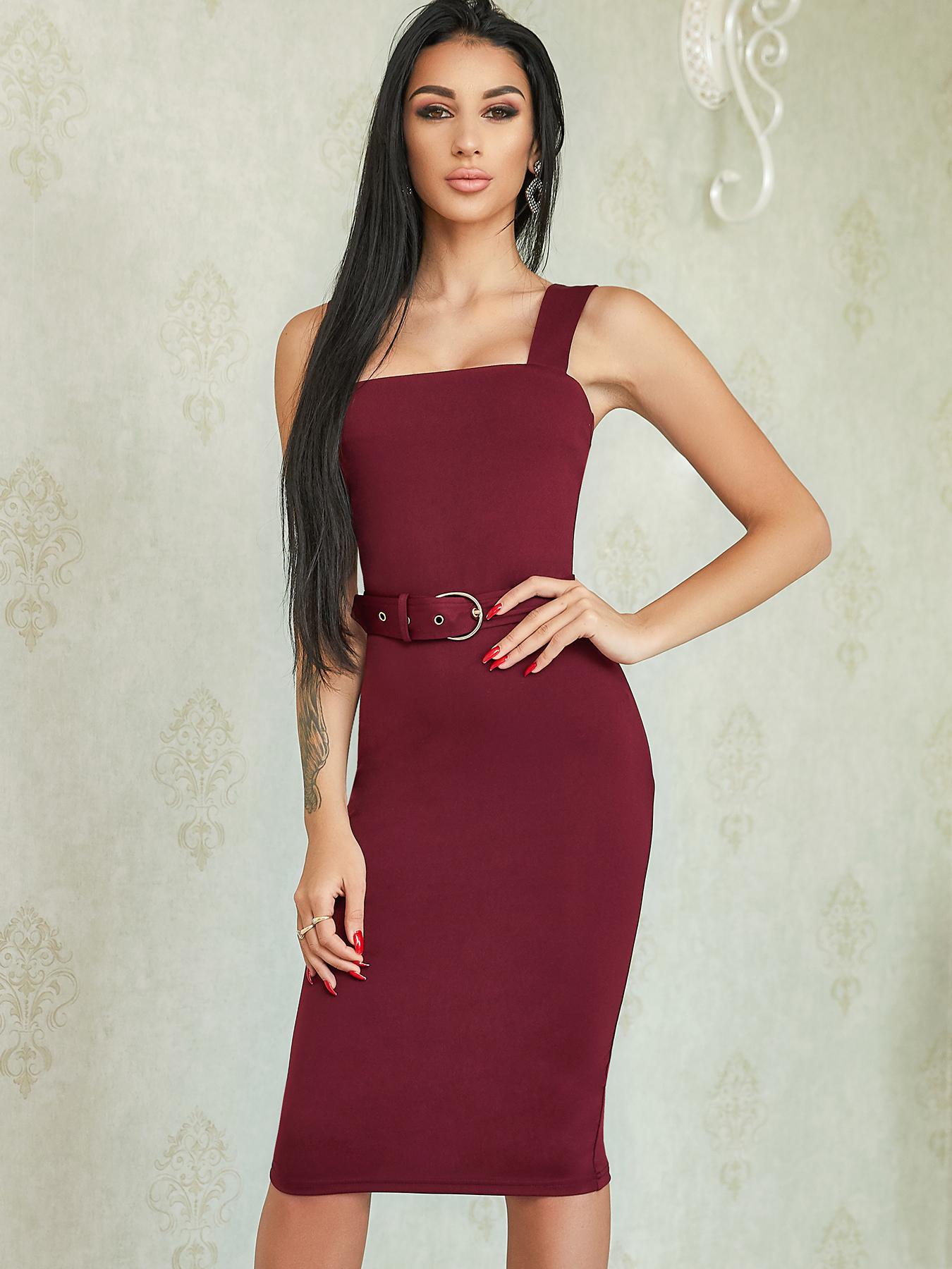 

Solid Scoop Neck Belted Sheath Midi Dress