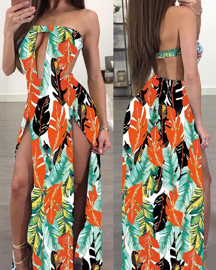 

Sexy Leaf Print Cutout High Slit Strapless Maxi Dress, Red