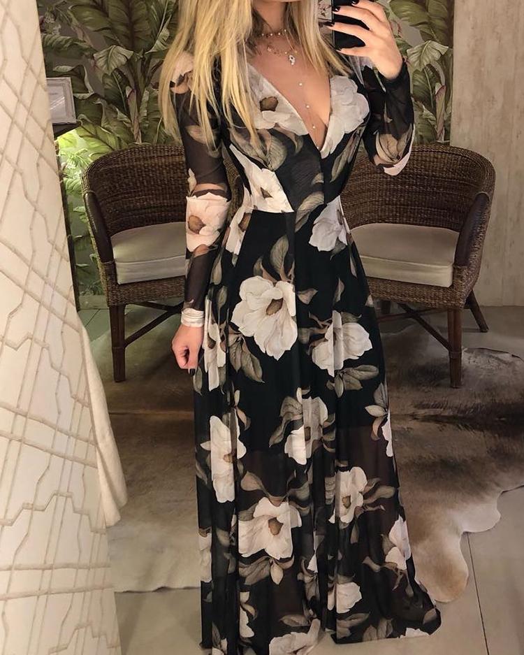 

Floral Print V Neck Long Sleeve Maxi Dress