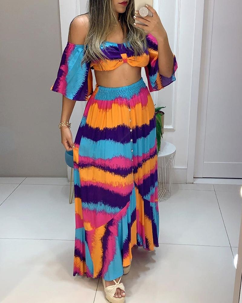 

Off Shoulder Colorblock Top & Buttoned Maxi Skirt Set, Multicolor