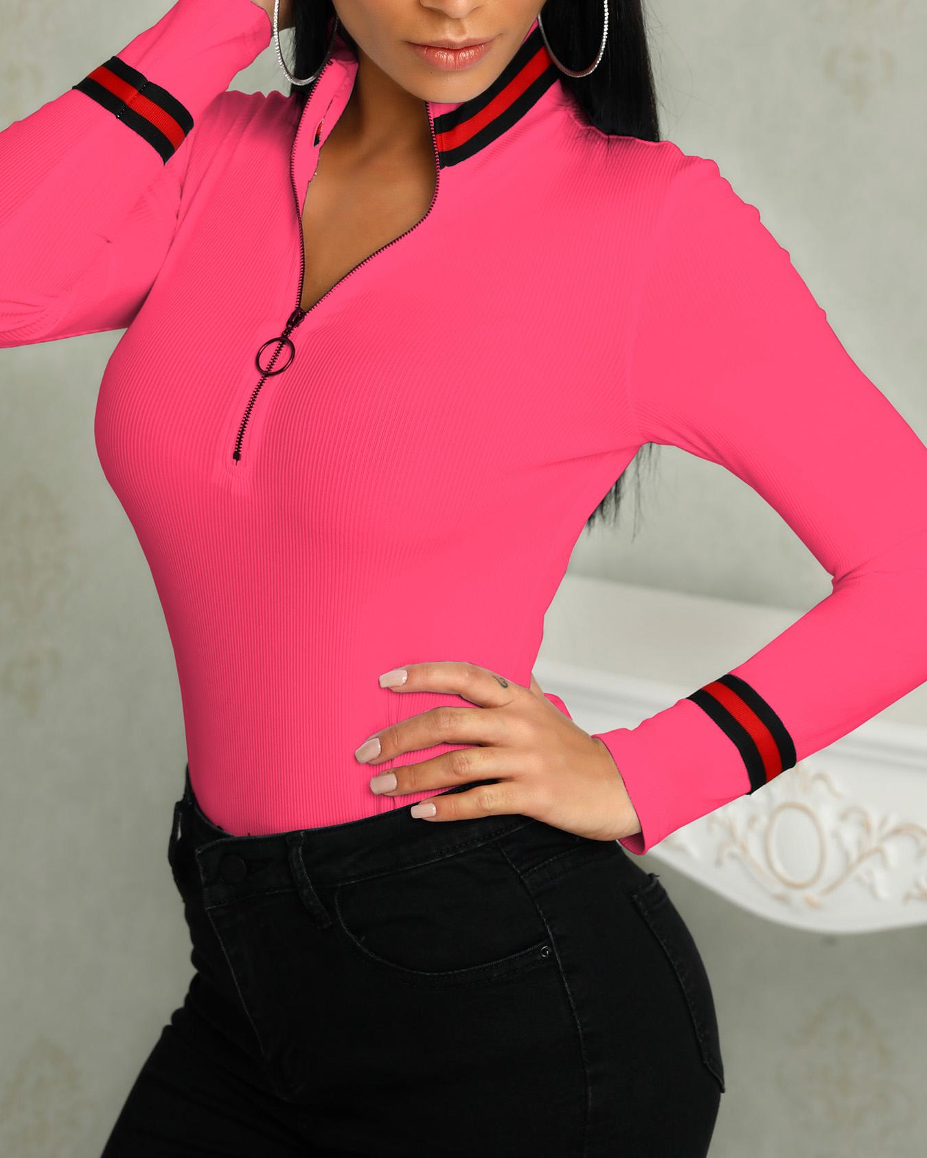 

Stripes Tape Long Sleeve Zipper Ribbed Top, Red