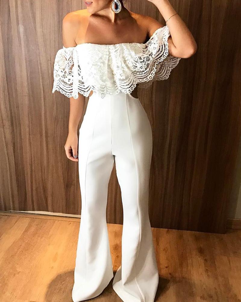 

Off Shoulder Lace Insert Bell-Bottom Jumpsuit
