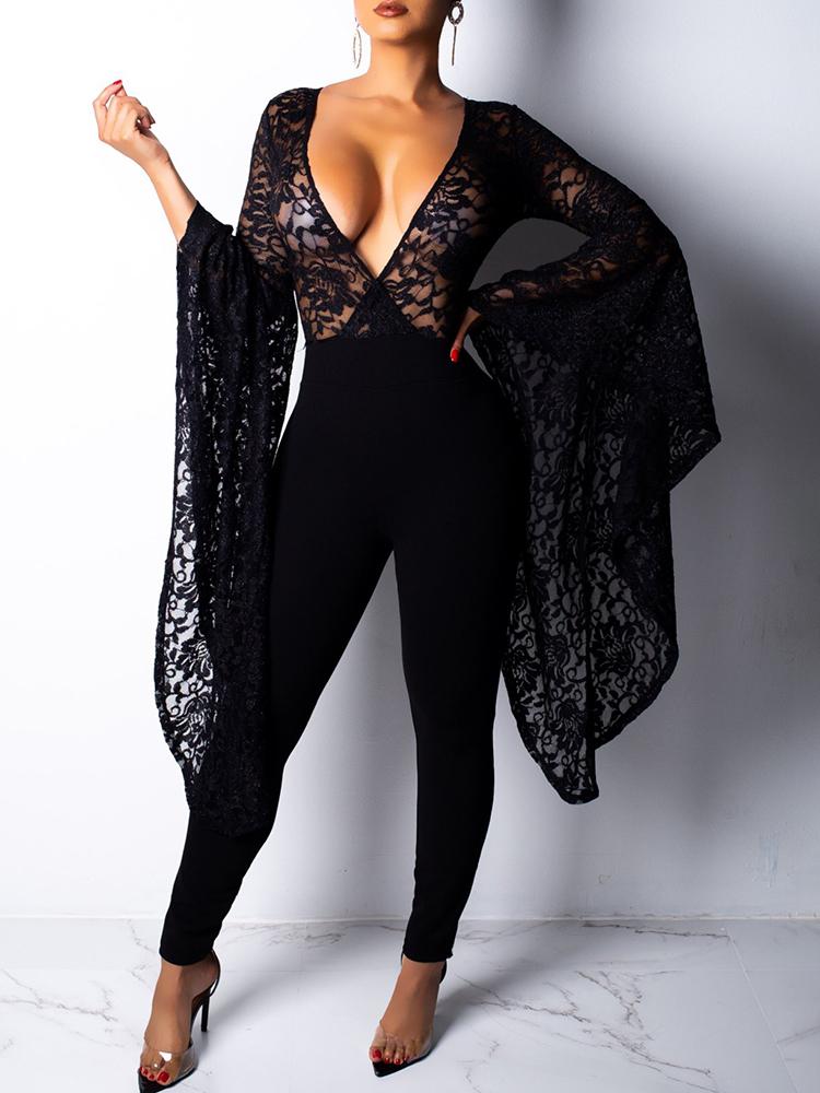 

Exaggerated Bell Sleeve Lace Splicing Jumpsuit, Black