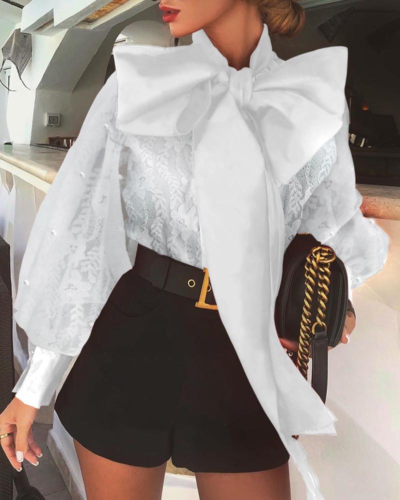 

Sheer Mesh Lace Lantern Sleeve Knotted Blouse, White
