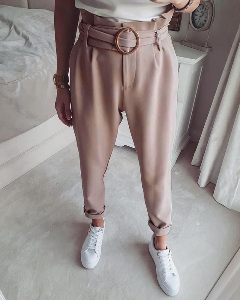 

Solid High Waist Belted Pants, Khaki