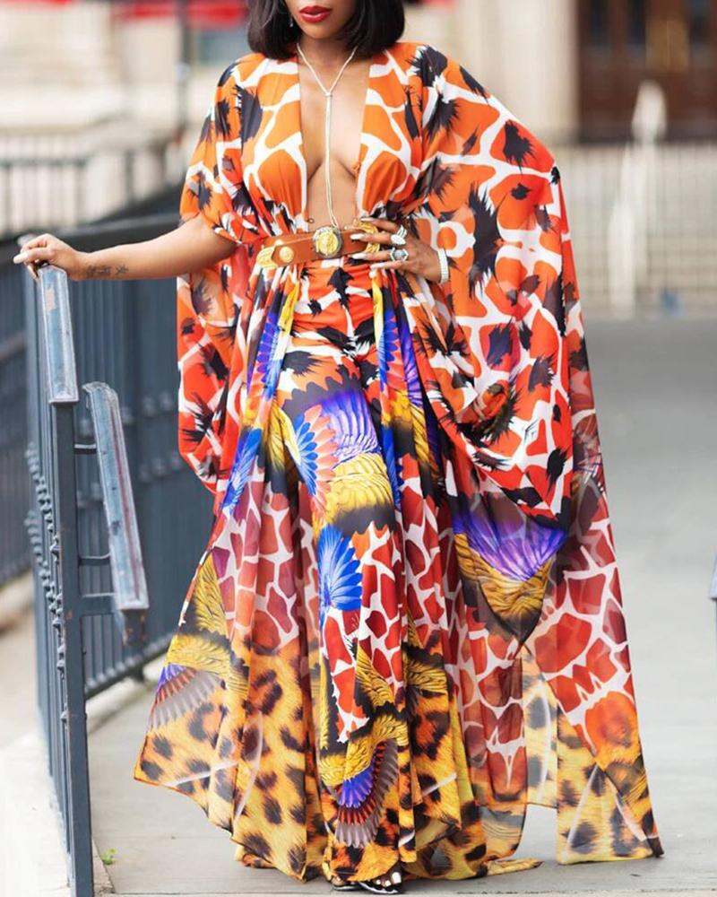 

Animal Print Plunge Cover Up And Pant Sets, Multicolor