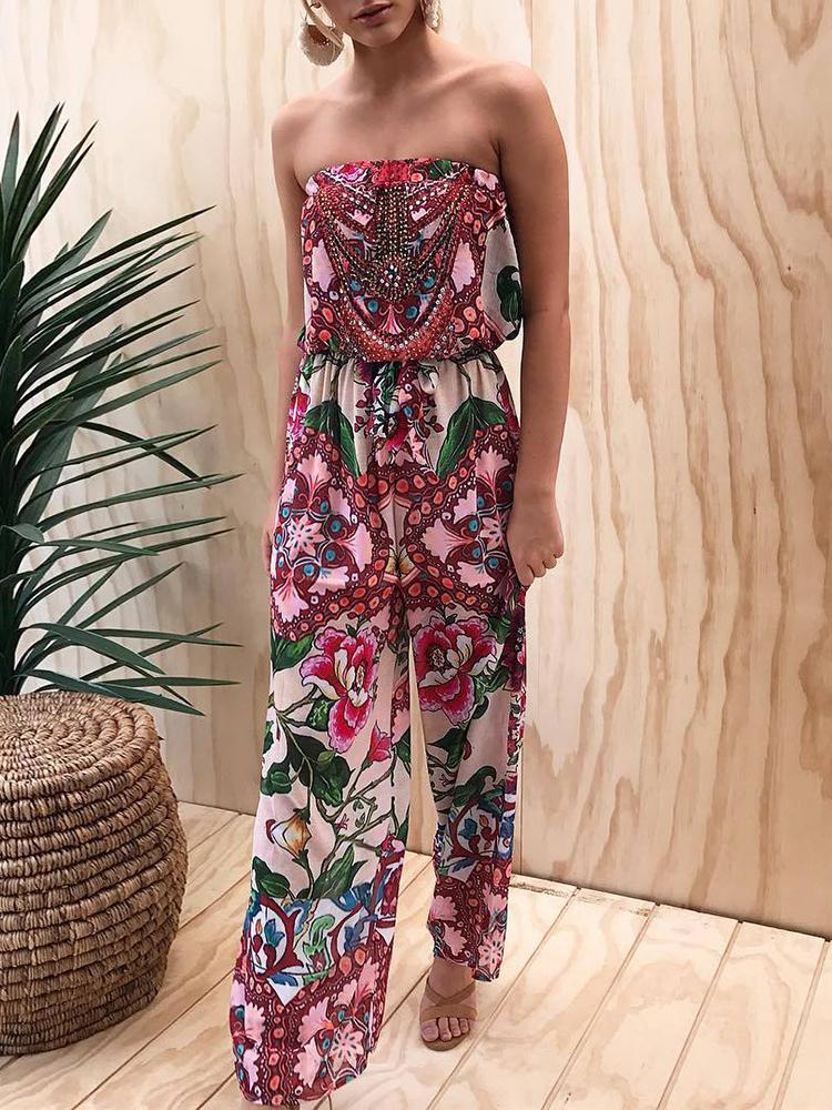 

Retro Print Strapless Wide Leg Jumpsuits