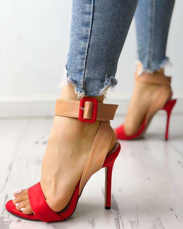 

Colorblock Ankle Buckled Slingback Thin Heeled Sandals, Red