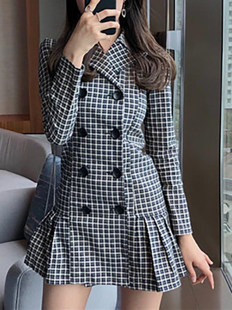 

Grid Double Breasted Pleated Blazer Dress, Black