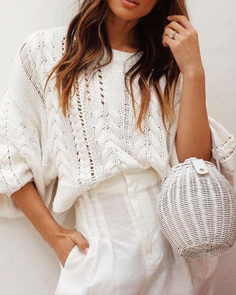 

Knitted Hollow Out Batwing Sleeve Sweater, White
