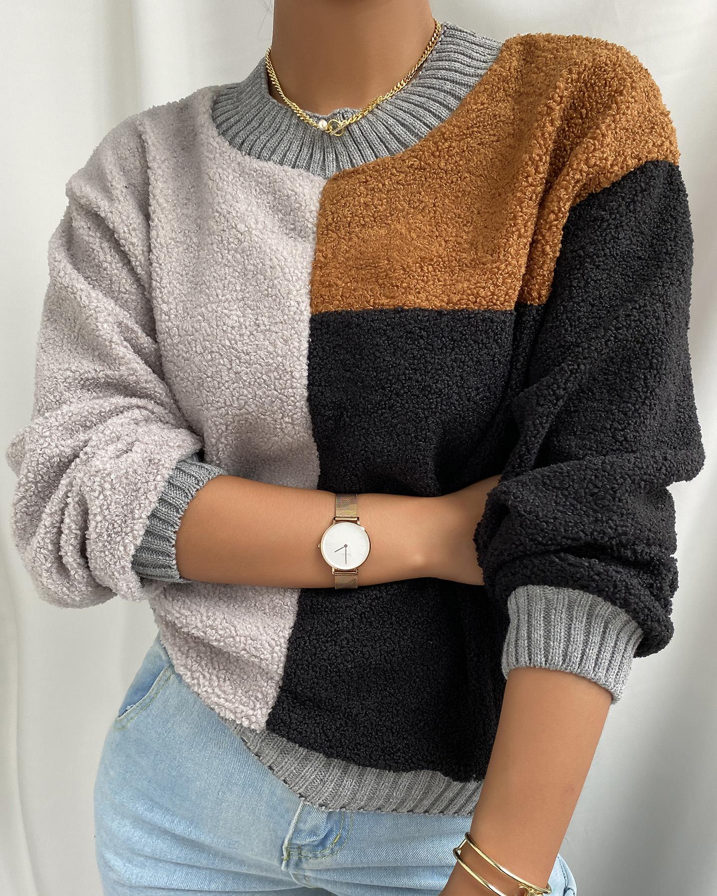

Colorblock Long Sleeve Casual Sweater, Black