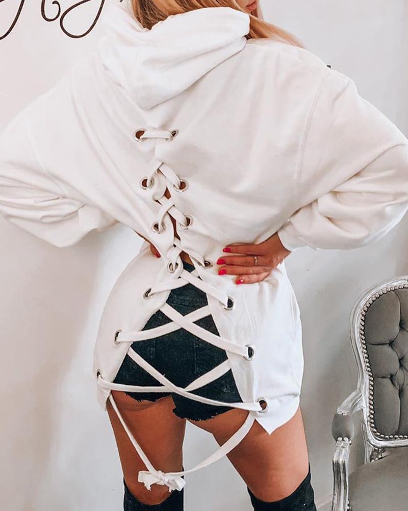 

Eyelet Lace Up Letter Print Long Sleeve Hoodie, White