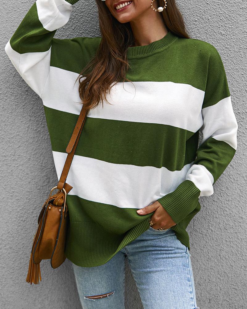 

Striped Colorblock Casual Sweater, Green