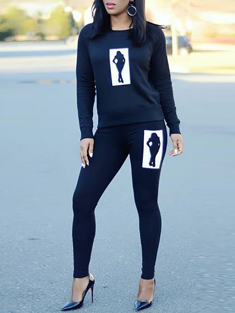 

Figure Pattern Long Sleeve Sweatshirt & Pants Set, Black