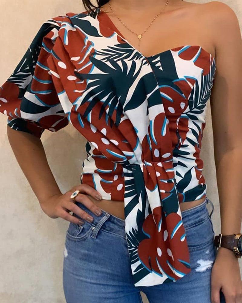 

One Shoulder Print Casual Blouse, Multicolor