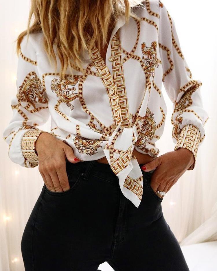 

Chain Print Long Sleeve Casual Shirt, White